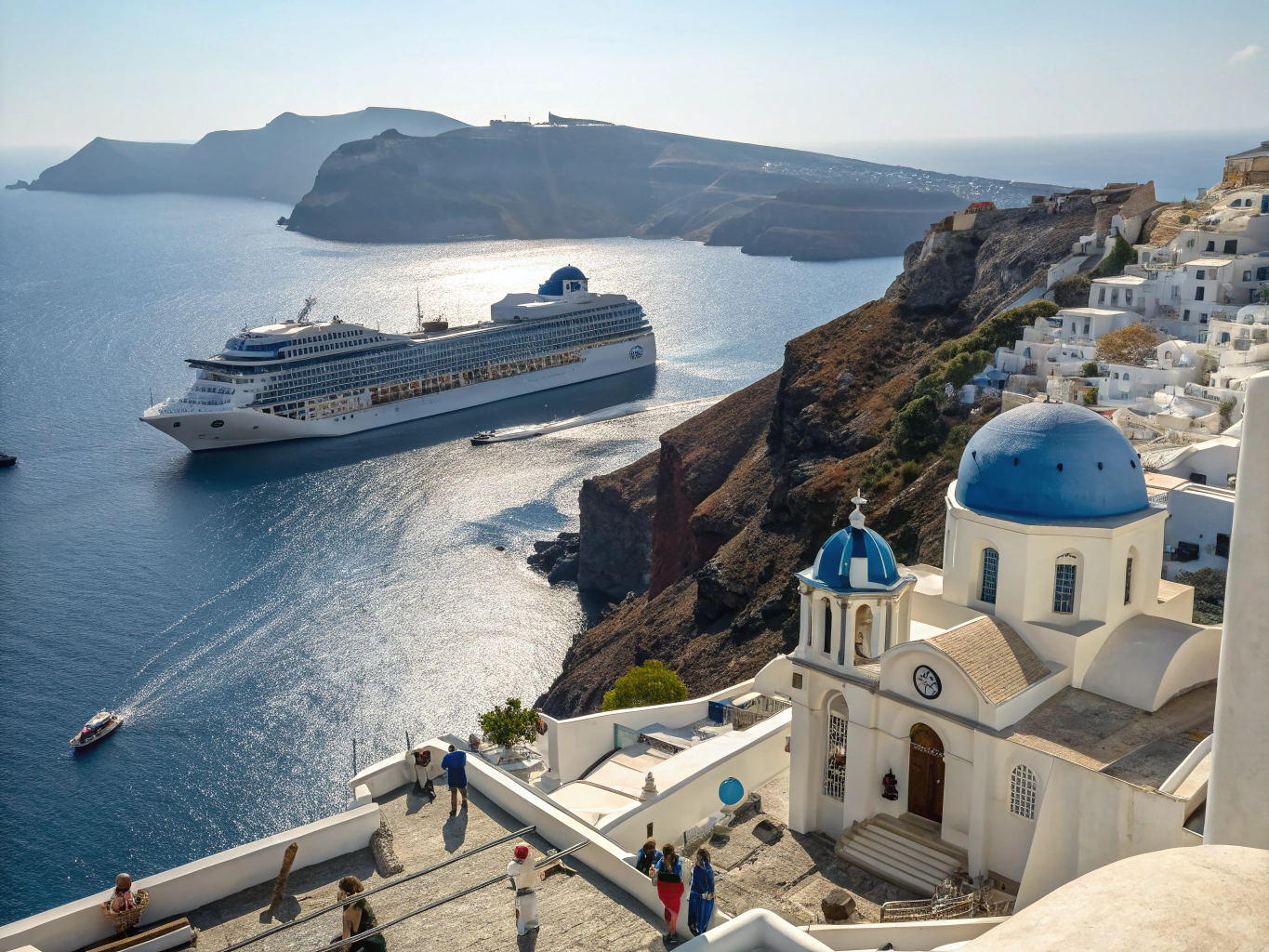 Santorini Athinios Port arrival dock with transfer pickup zone and cliffside road