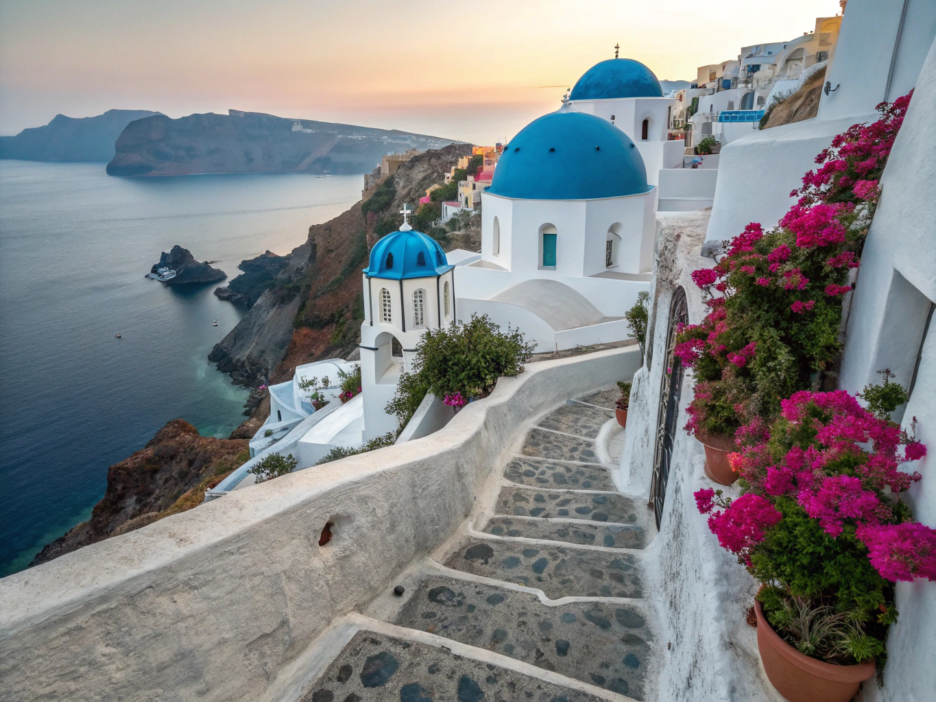 Scenic panoramic view of Oia blue domes in Santorini